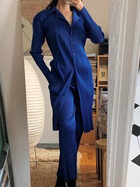Issey Miyake Pleats Please Long Shirt Pant Set Blue JP3